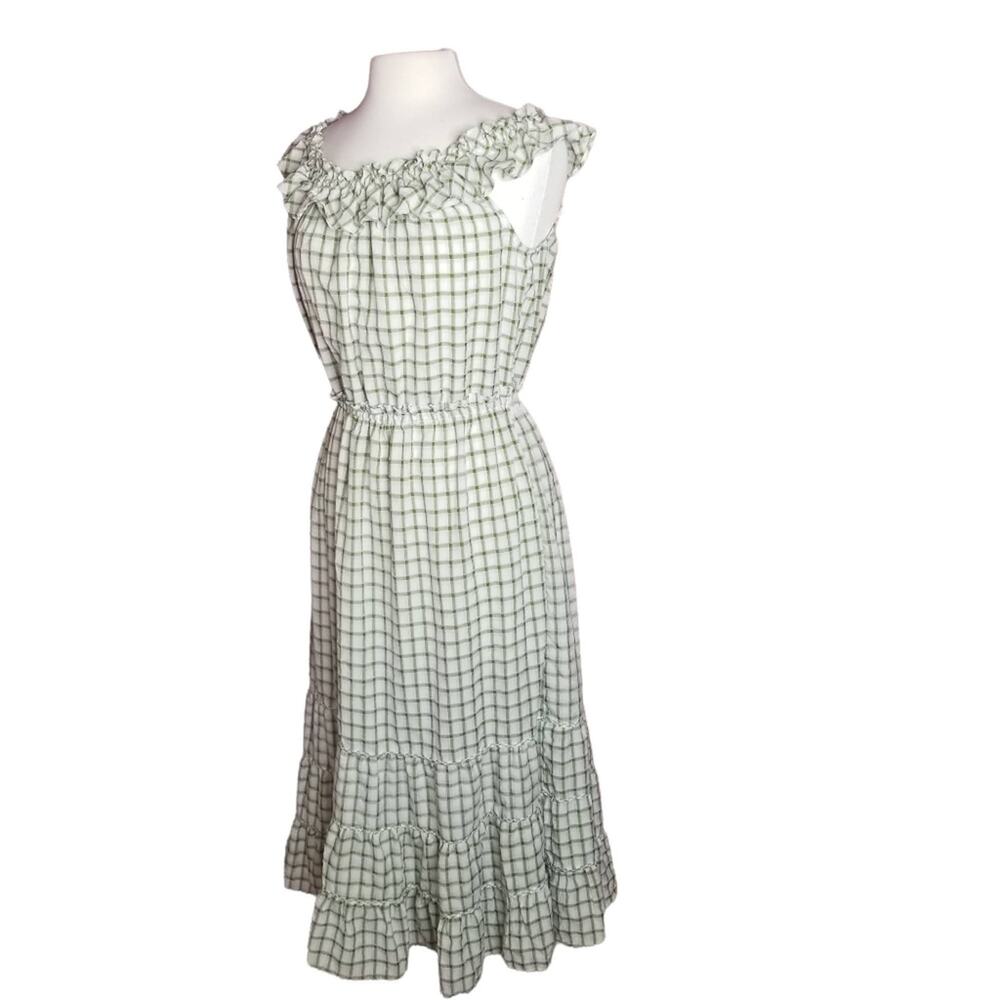 NWT Max Studio Dress Womens Large Green Gingham Ruffle Neckline Midi Cottagegore